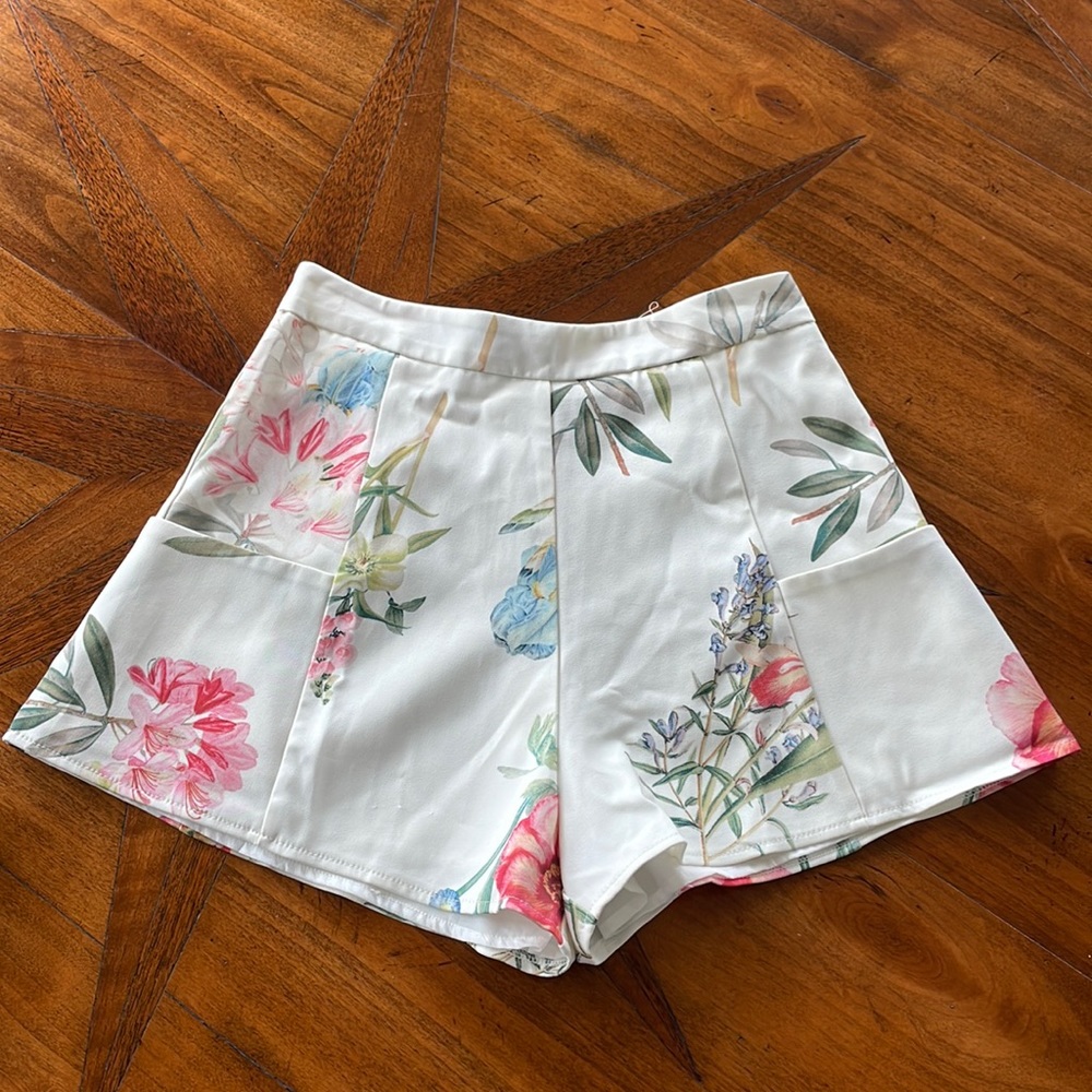 White Floral silk shorts